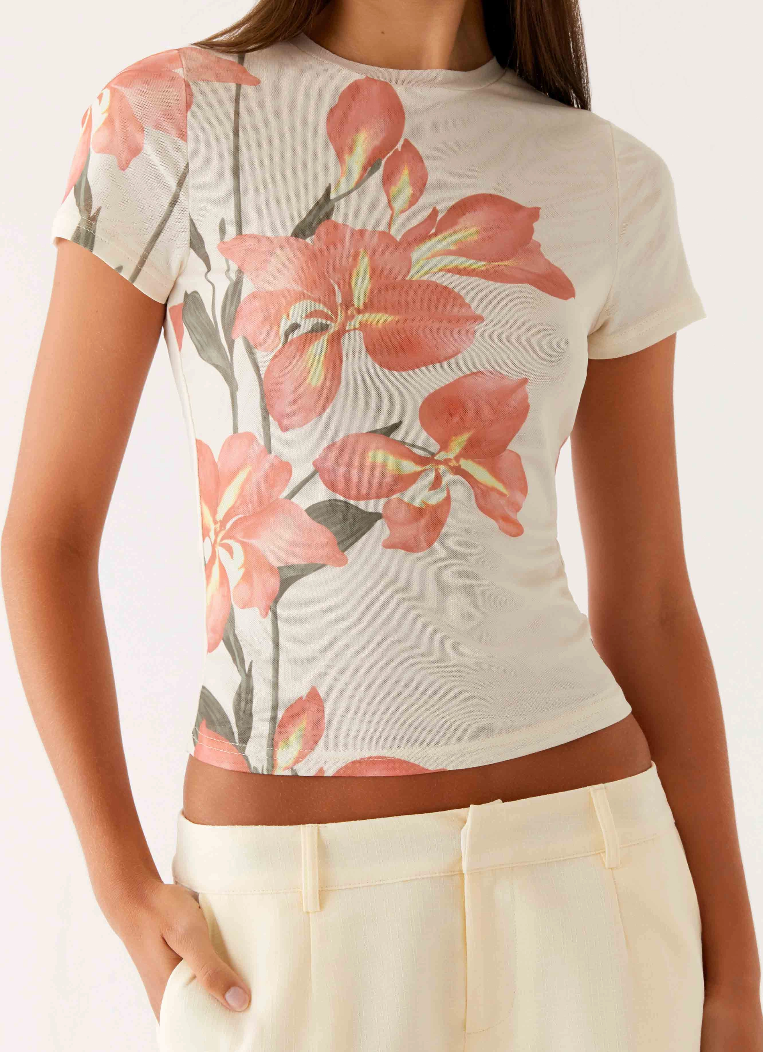 Late Night Mesh Baby Tee - Siena Floral FourWay Stretch Fabric Light material