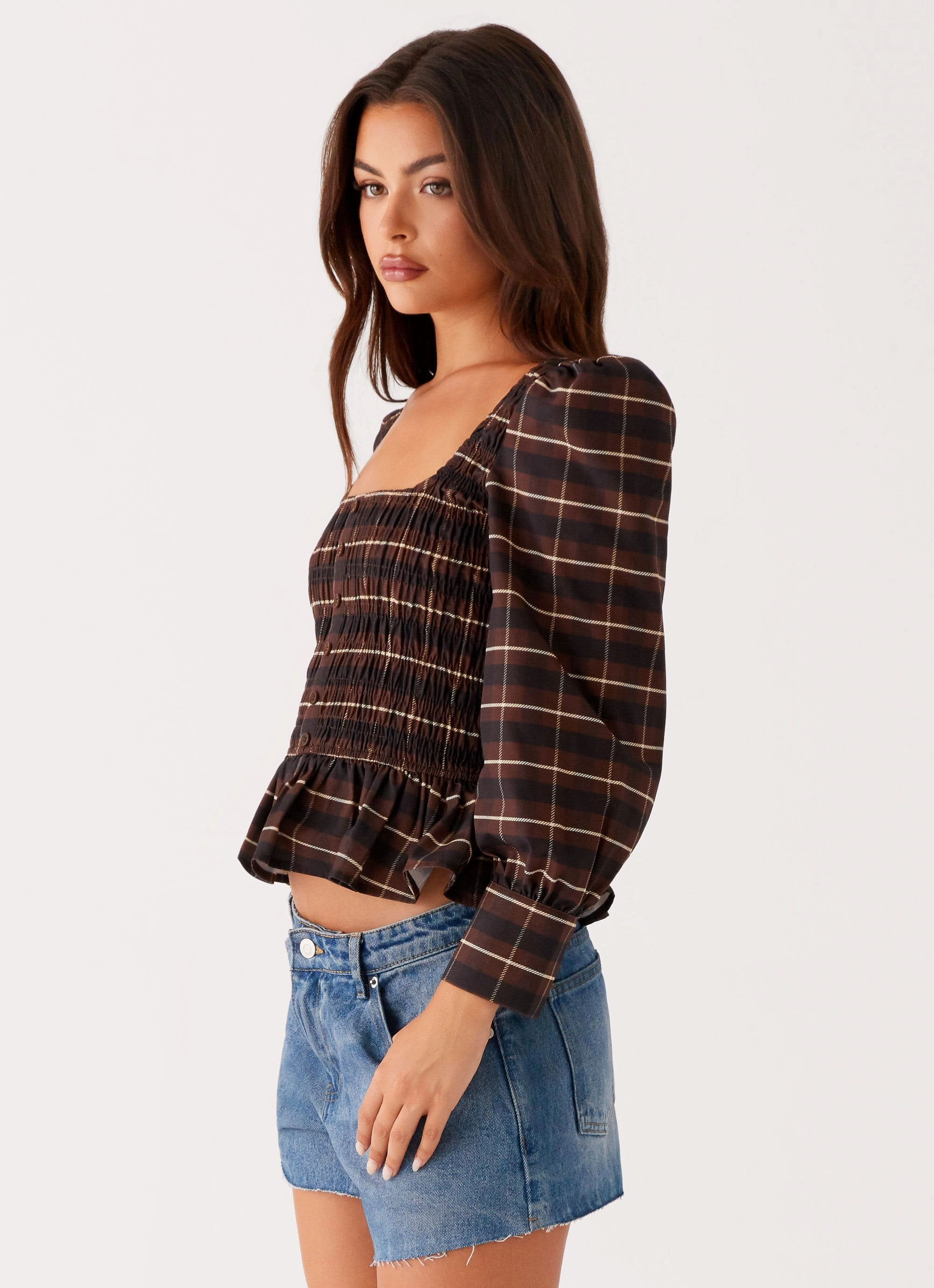 Joyce Long Sleeve Shirred Top - Chocolate Check Thermochromic Color Shift Tech ZeroWaste Pattern