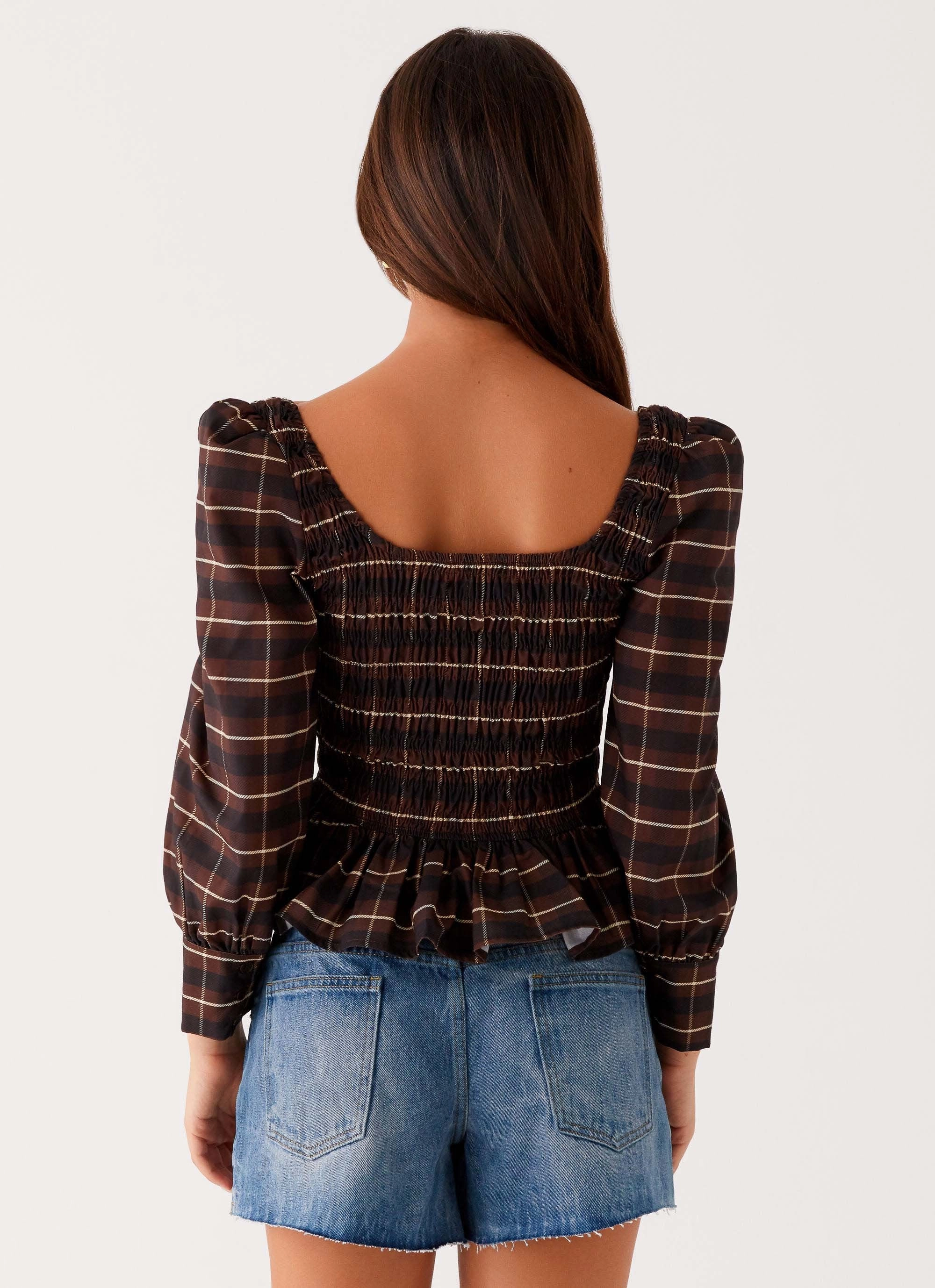 Reflective Safety Trim Joyce Long Sleeve Shirred Top - Chocolate Check