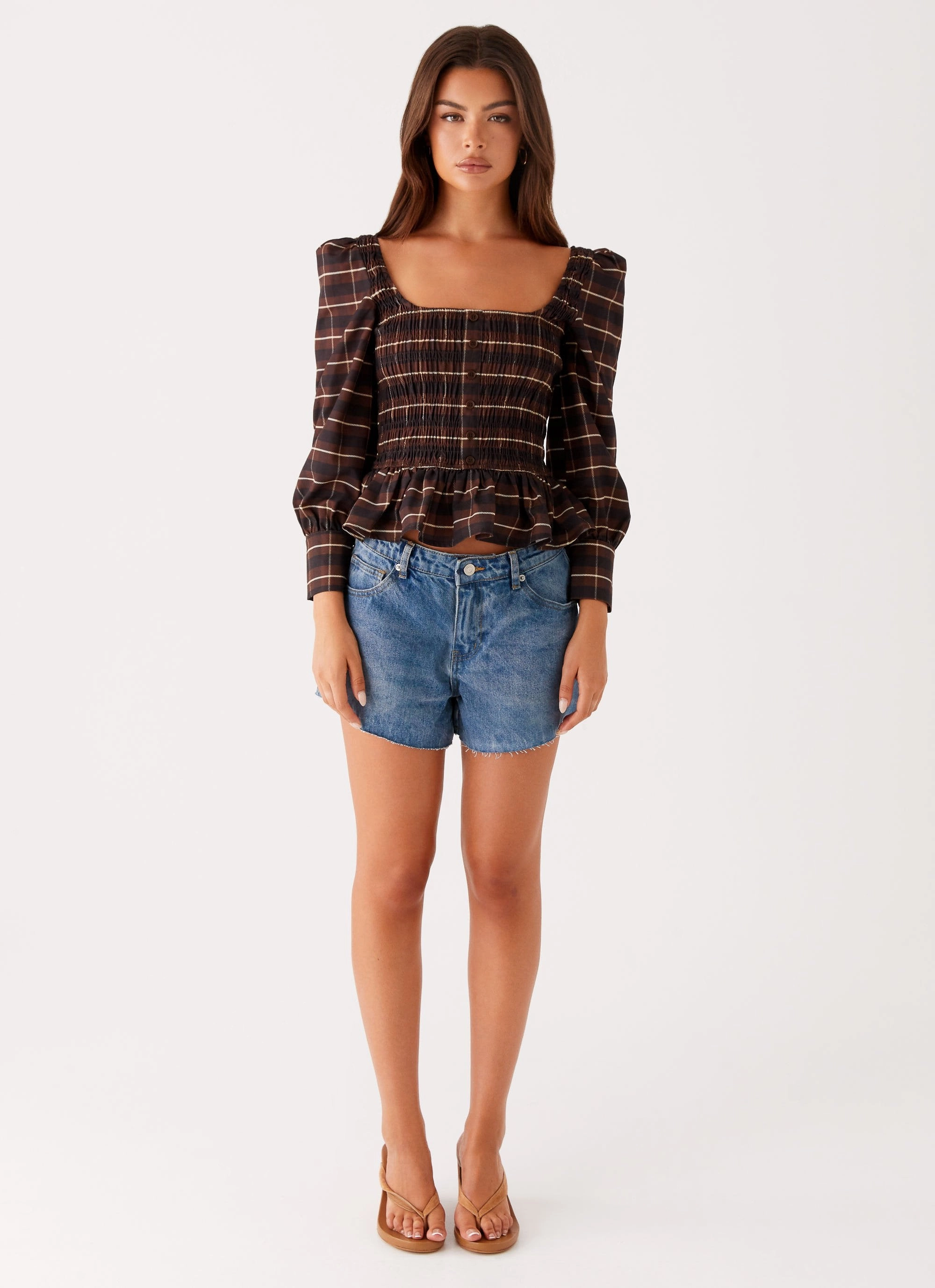 Joyce Long Sleeve Shirred Top - Chocolate Check Vintage Shirt