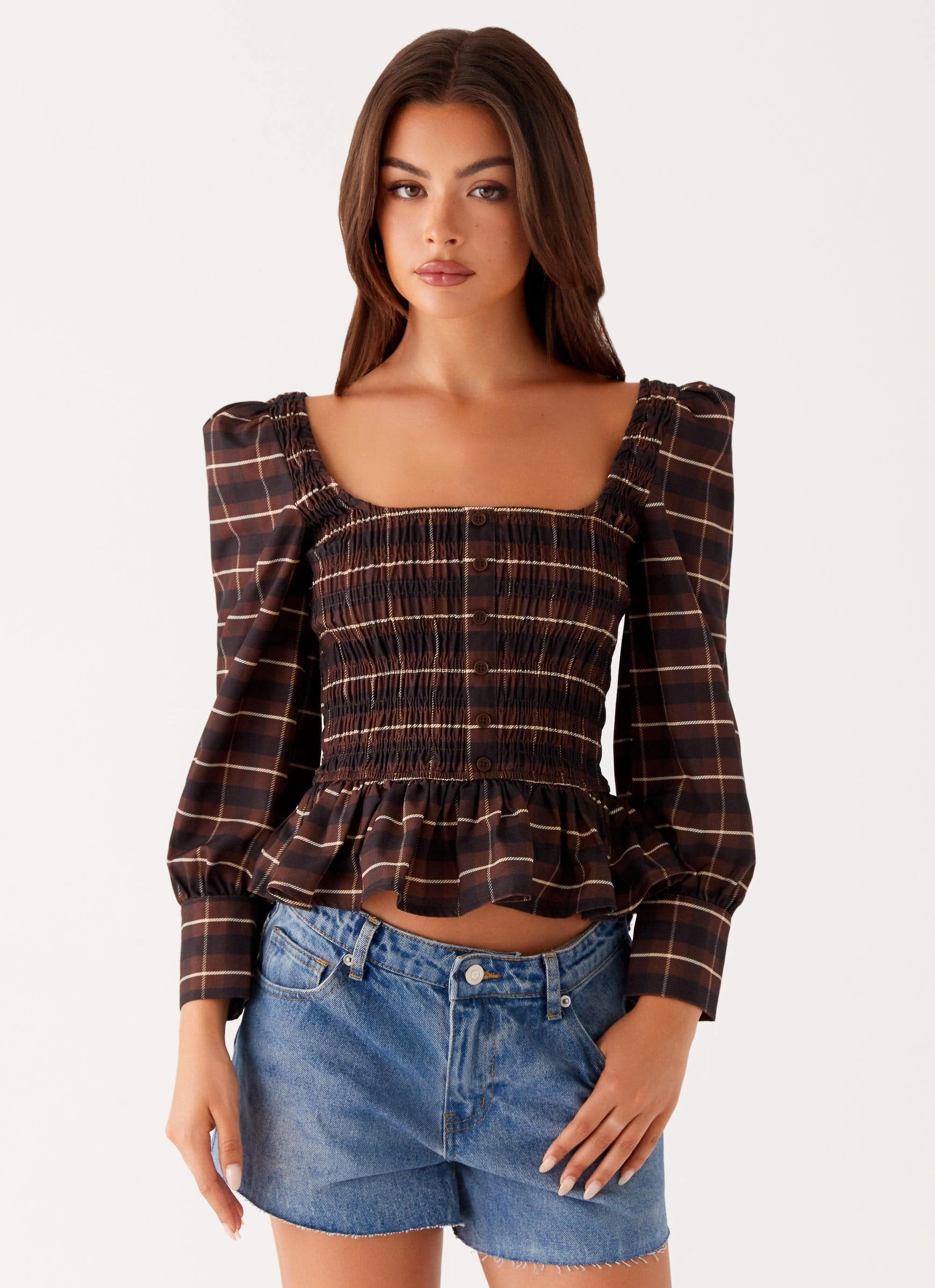 Joyce Long Sleeve Shirred Top - Chocolate Check Wide Shoulder Cut Curved Hemline