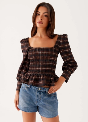 Sweat Absorbent Inner Layer SnagResistant Joyce Long Sleeve Shirred Top - Chocolate Check