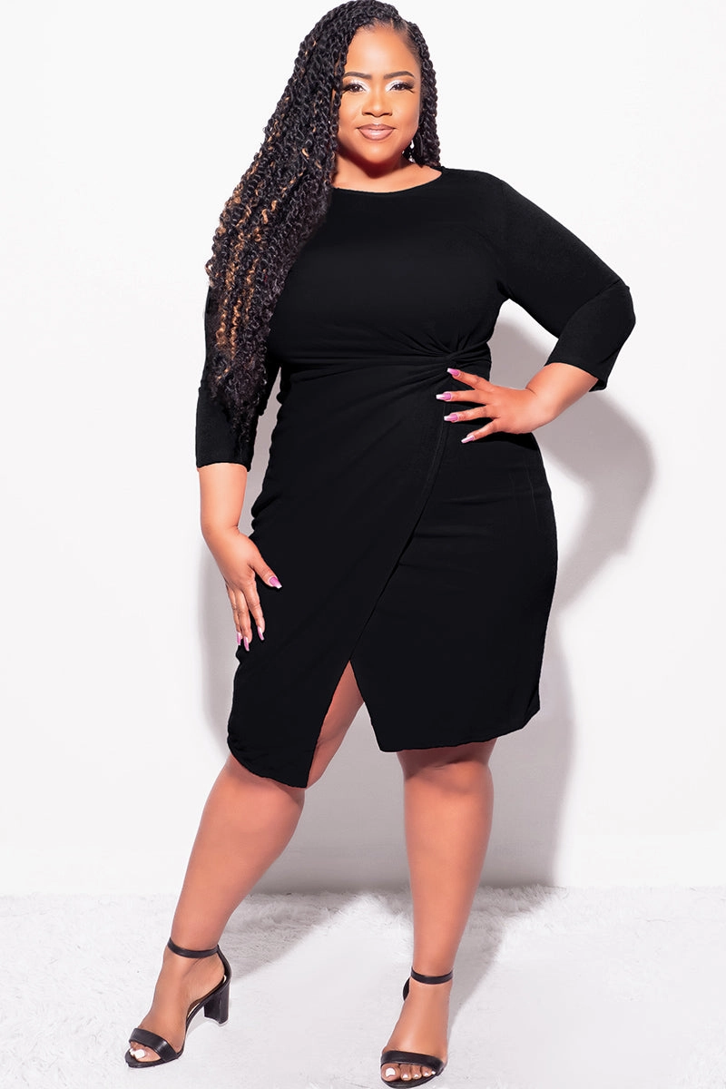 Final Sale Plus Size Long Sleeve Side Knot Wrap Midi Dress in Black Ripped design