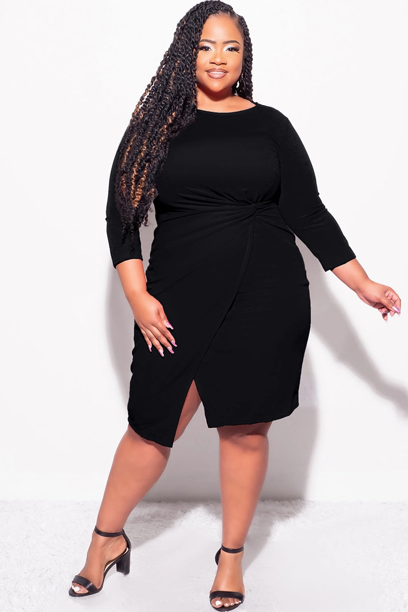 Softened Hem Casual Layer Fit Final Sale Plus Size Long Sleeve Side Knot Wrap Midi Dress in Black