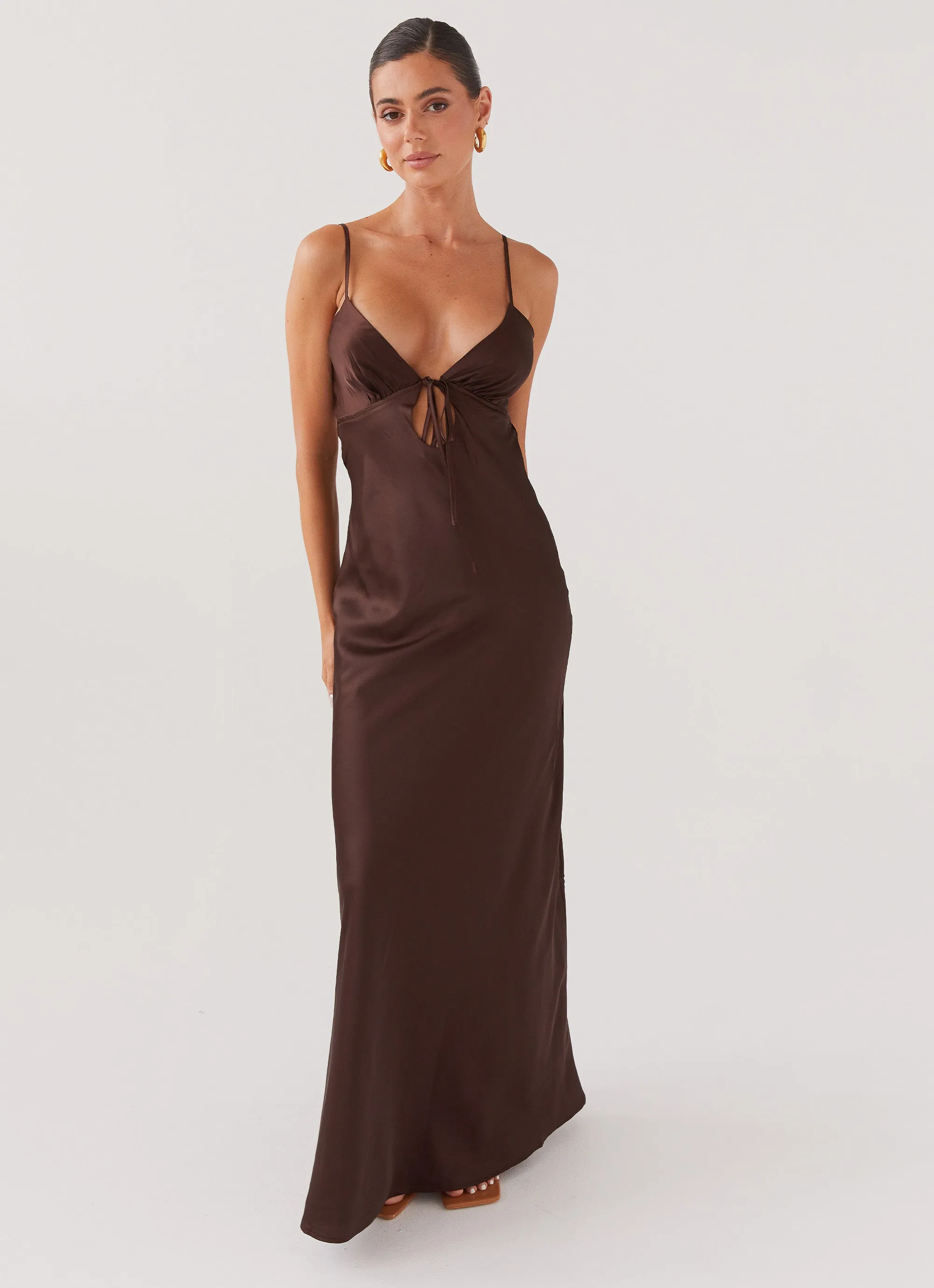 Timeless Cut Figure-Skimming Flora Satin Maxi Dress - Chocolate