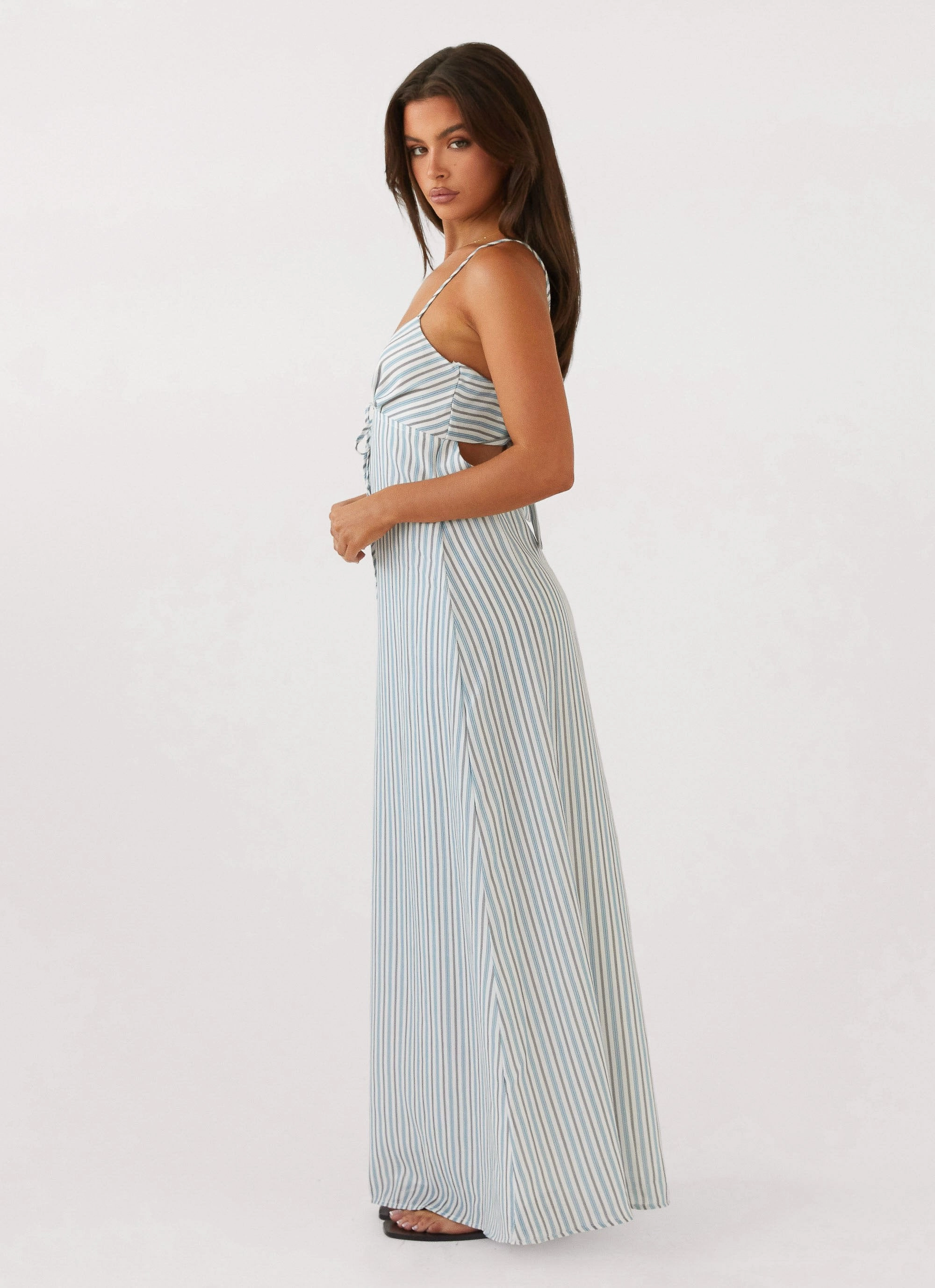 Clean Texture Flora Linen Maxi Dress - Blue Choc Stripe