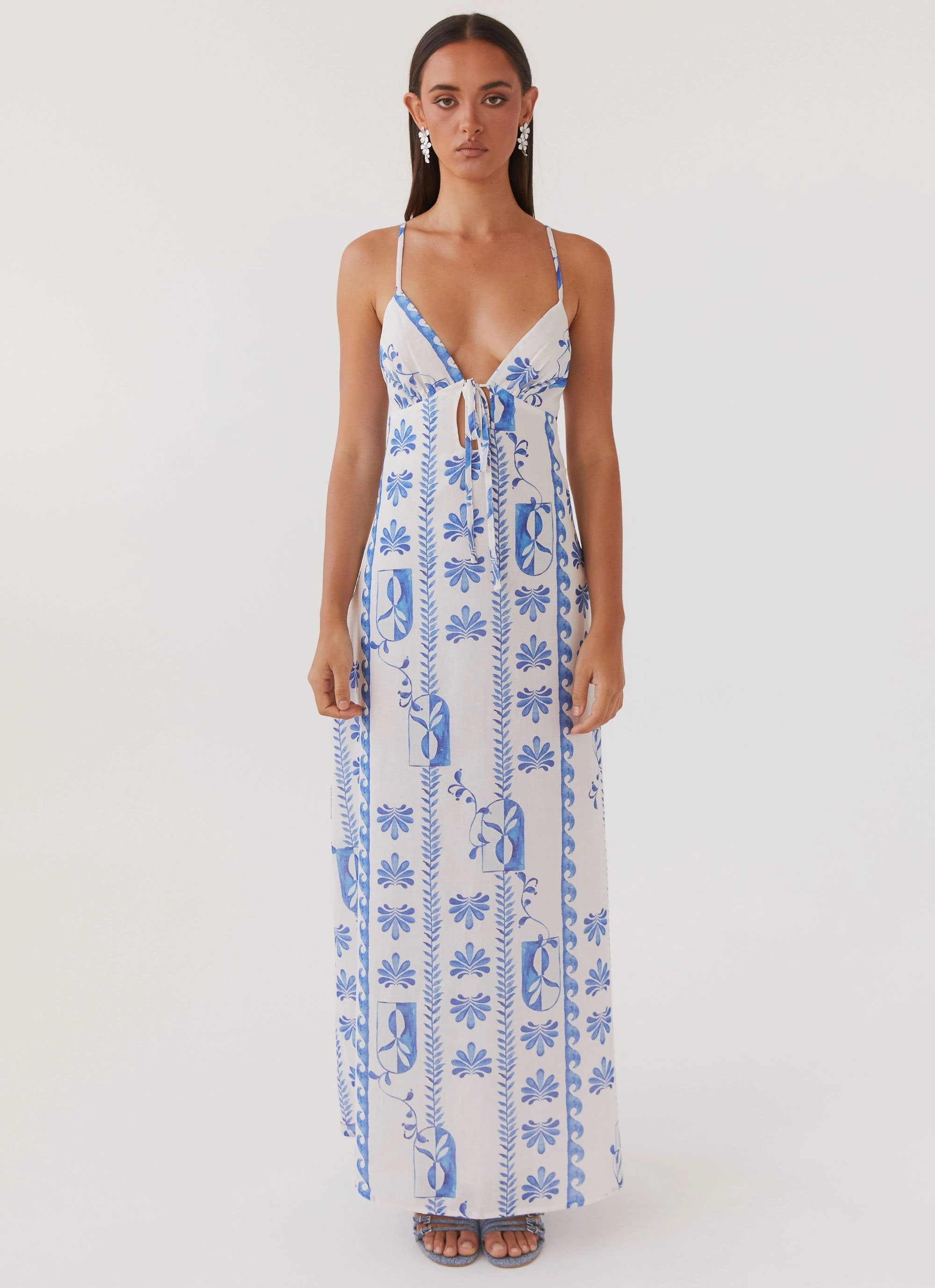 Sleek Touch Flora Linen Maxi Dress - Floral Wave