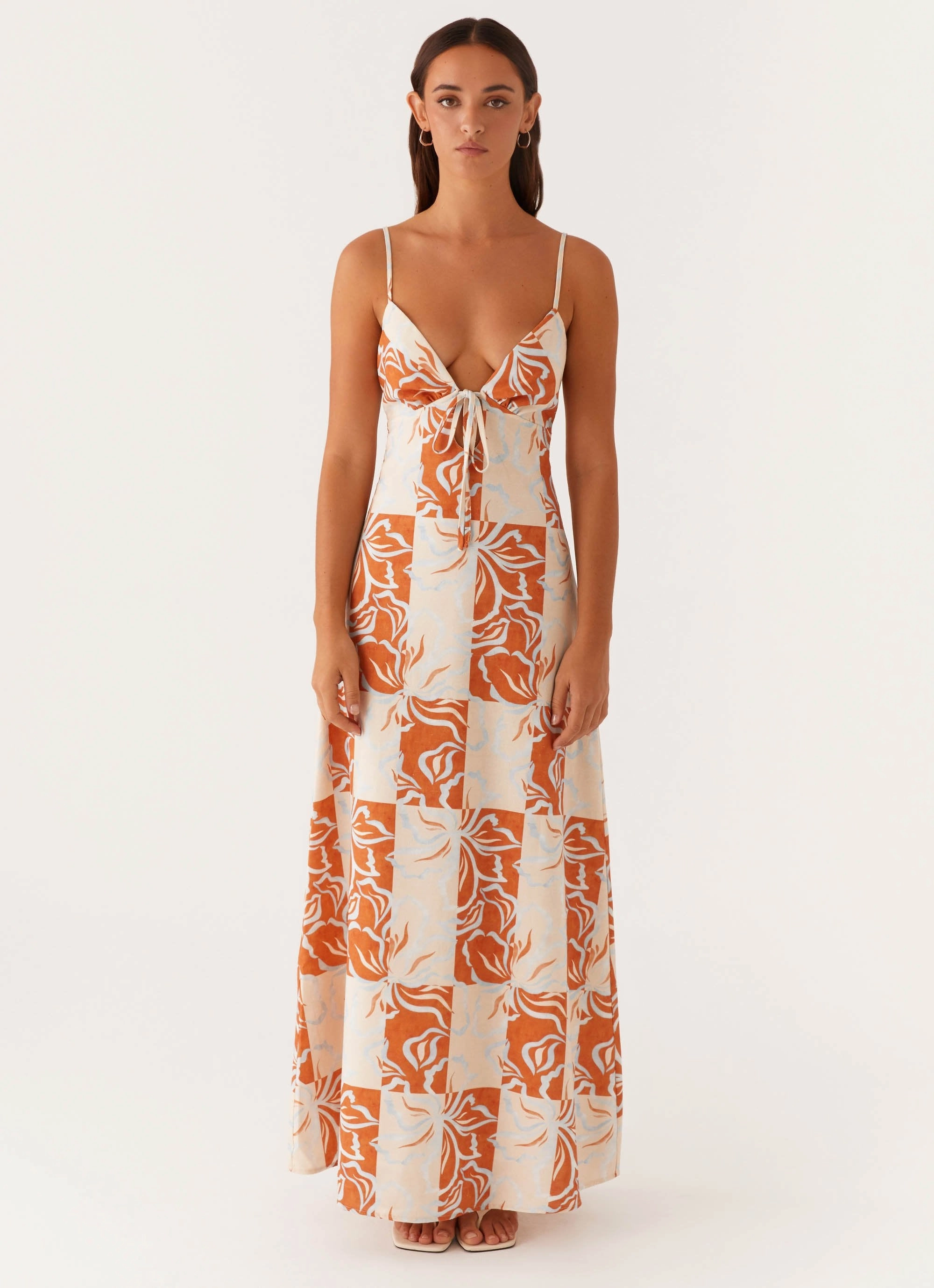 Flora Linen Maxi Dress - Orange Blue Floral Cozy And Stylish flattering appearance