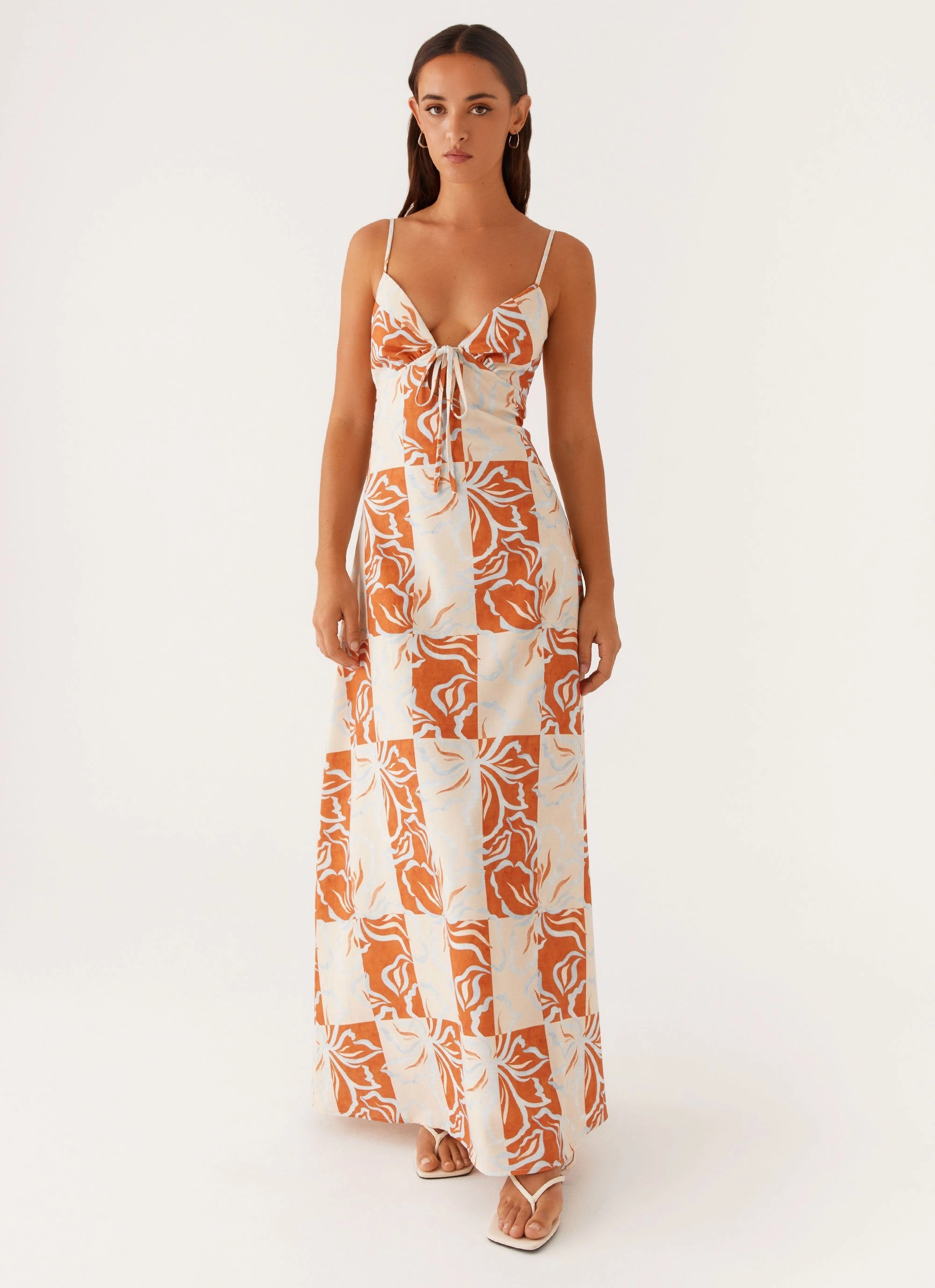 Layered Volume Flora Linen Maxi Dress - Orange Blue Floral