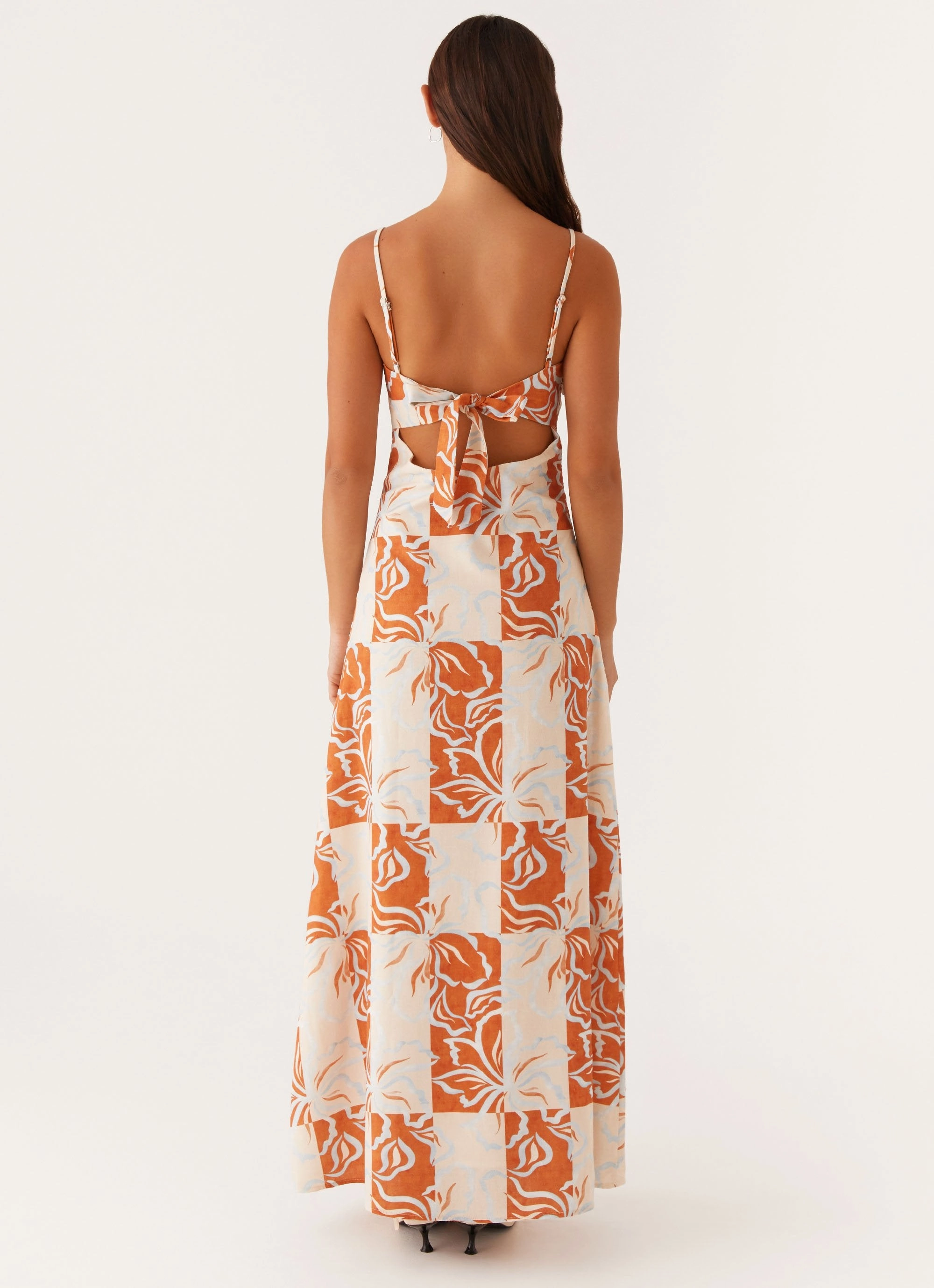 Smooth Texture Luxury-Fabric Flora Linen Maxi Dress - Orange Blue Floral