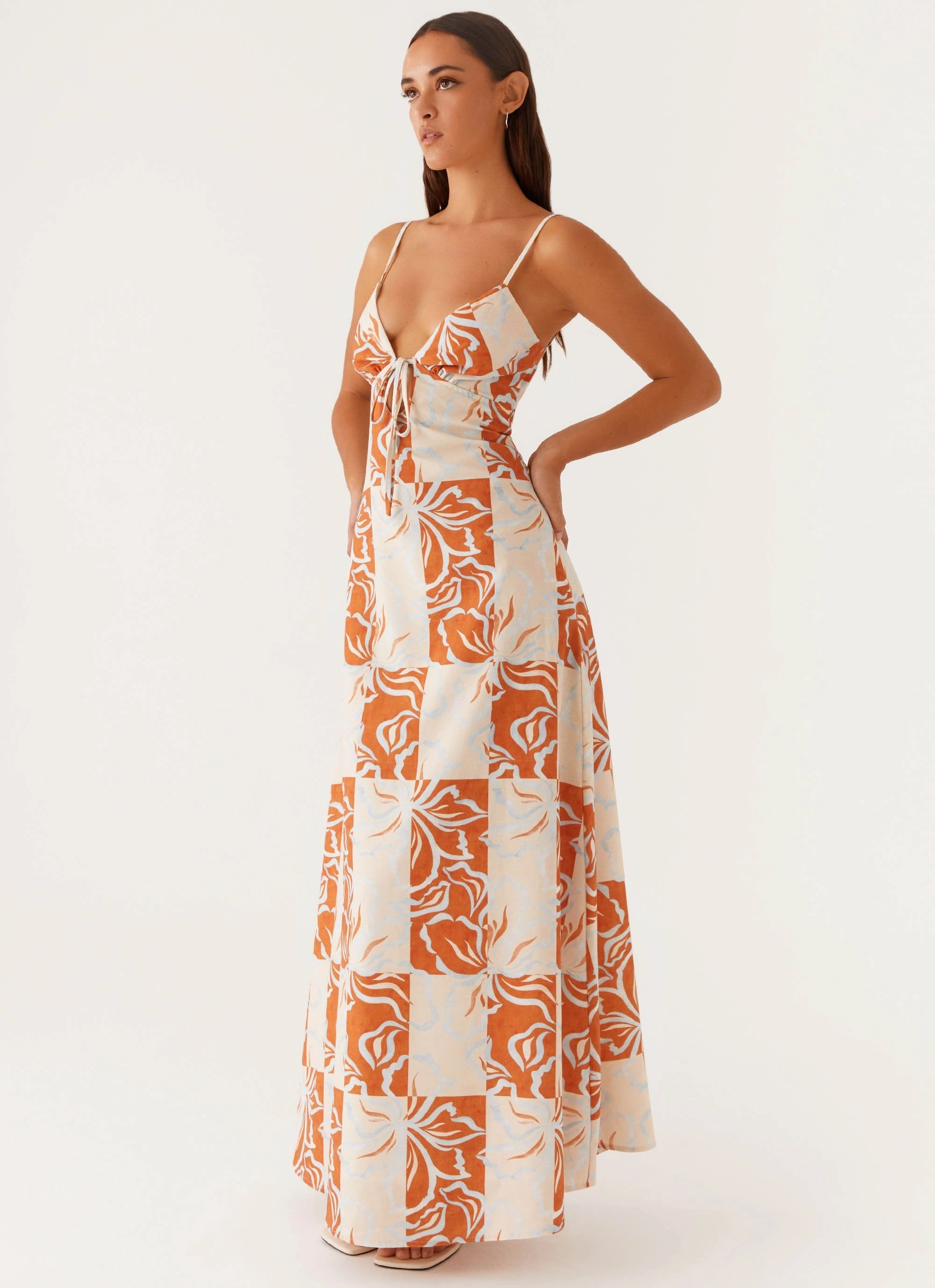 Flora Linen Maxi Dress - Orange Blue Floral Tailored Mood