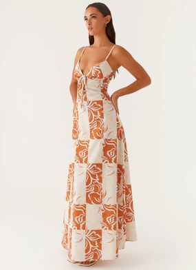 Flora Linen Maxi Dress - Orange Blue Floral Tailored Mood