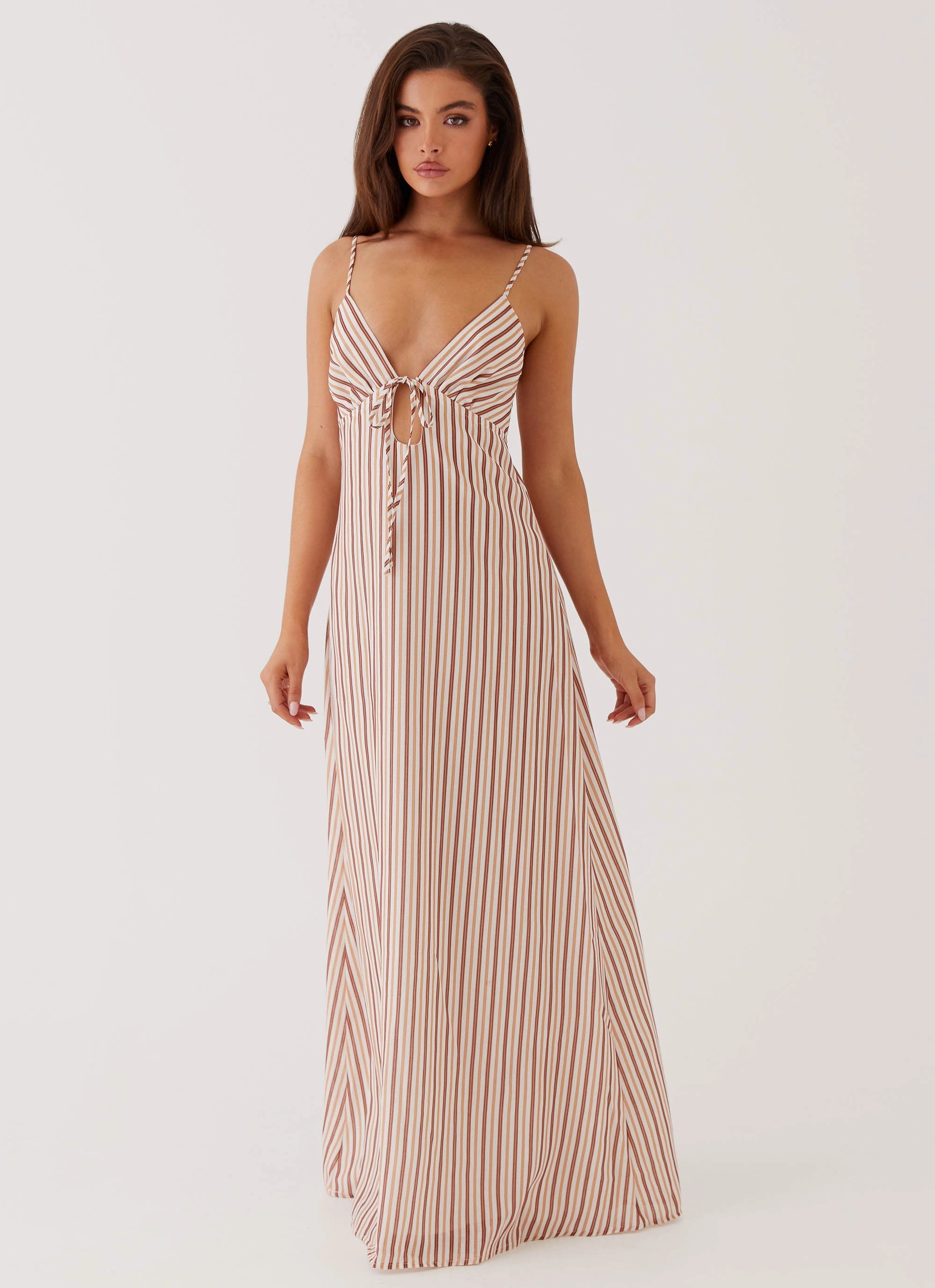 Flattering Silhouette Flora Linen Maxi Dress - Passionfruit Stripe