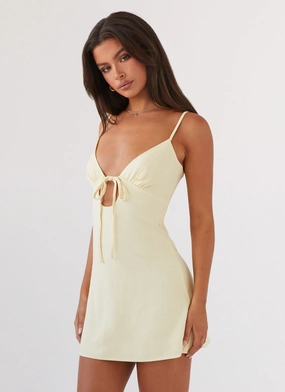 Summer-Season Flora Linen Mini Dress - Lemon