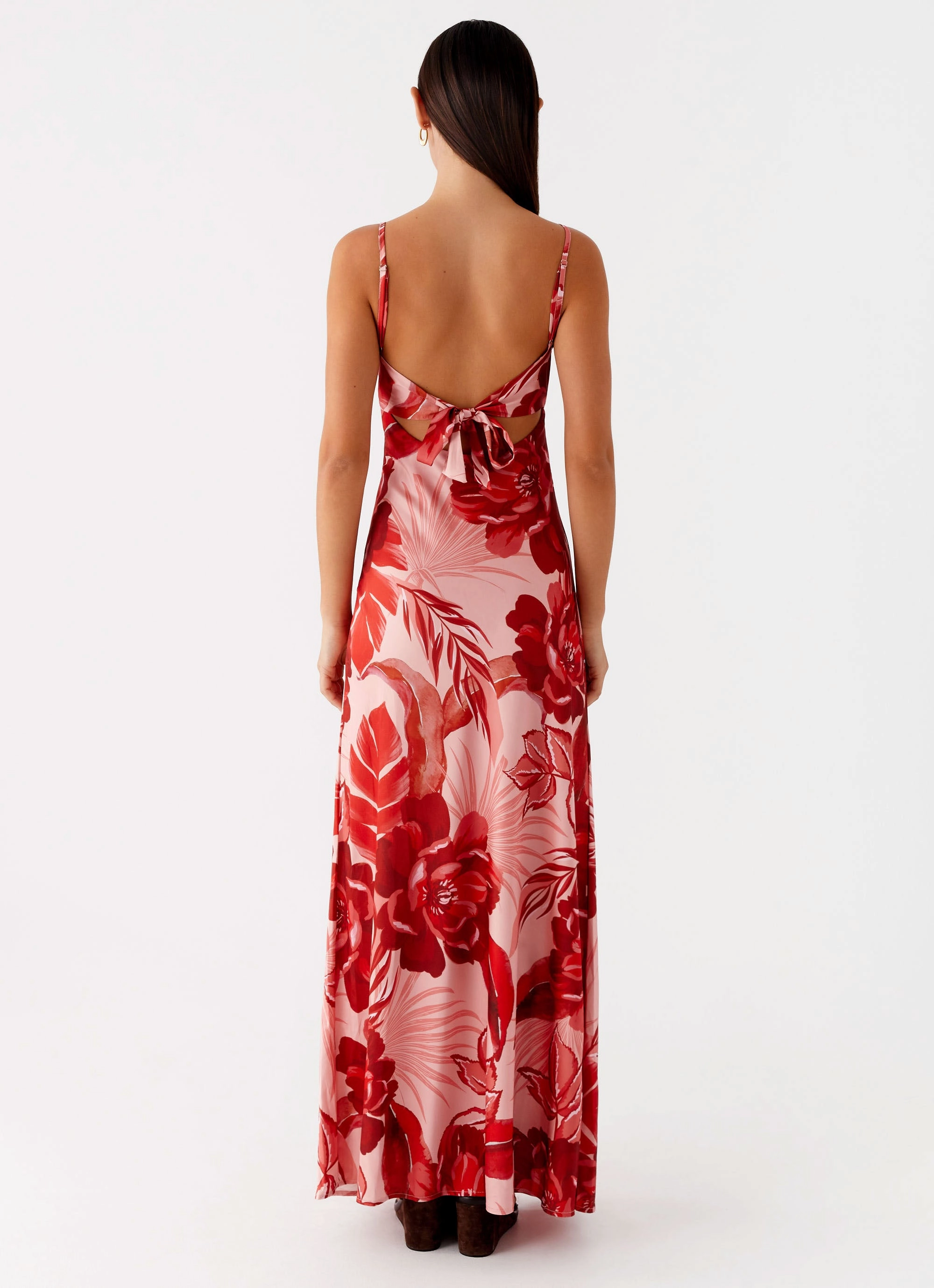 Flora Satin Maxi Dress - Sicily Sunsets Print Beaded-Sleeve Elegant Silhouette