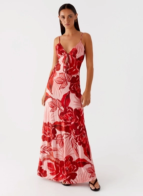 Flora Satin Maxi Dress - Sicily Sunsets Print Sleek Touch Layered Form