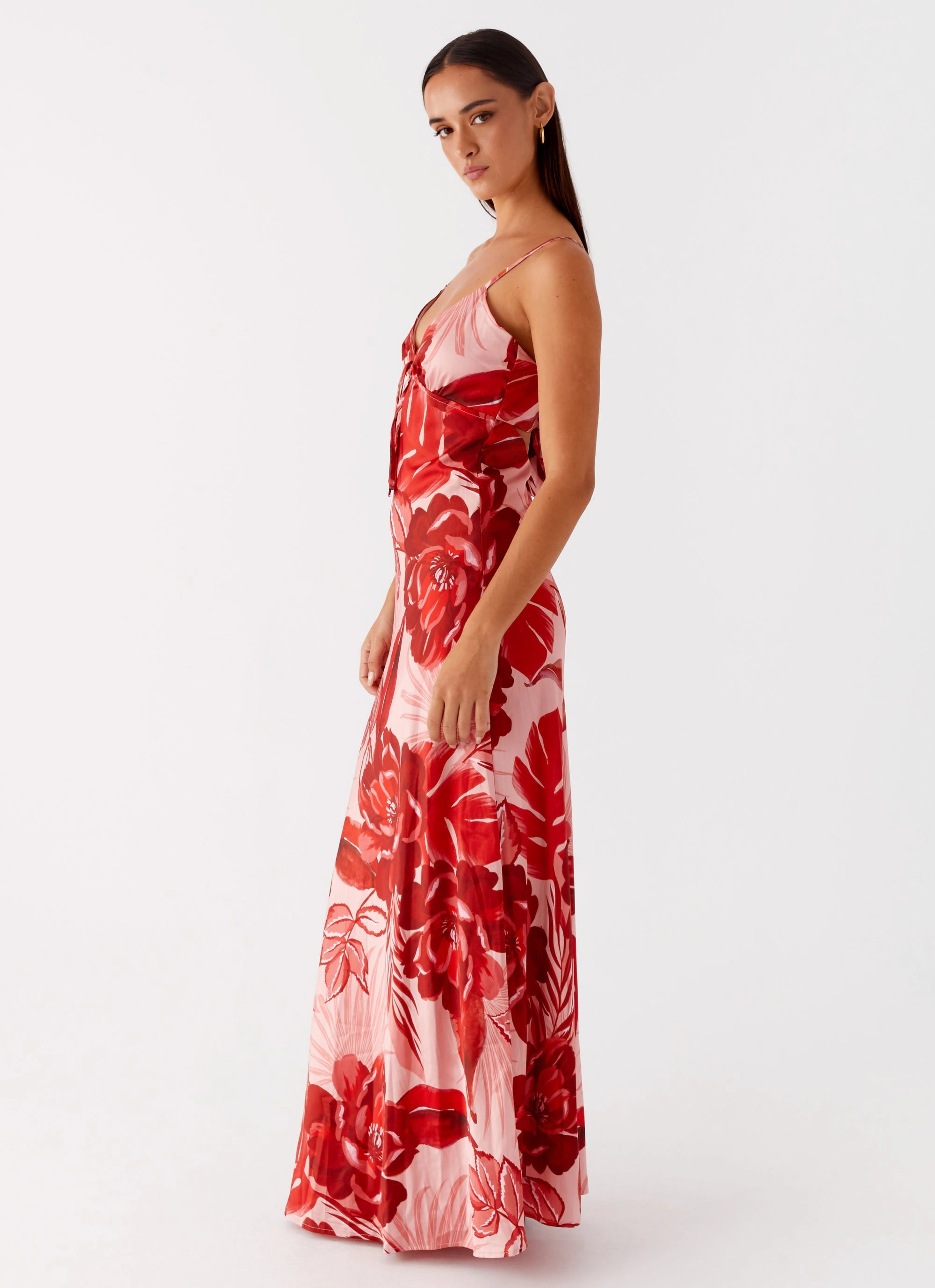 Flora Satin Maxi Dress - Sicily Sunsets Print Piped-Edge