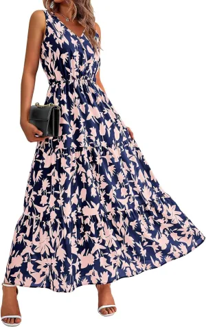 Floral Dress for Women 2025 Sleeveless V Neck Maxi Dresses Tunic A line Flowy Swing Dresses Ruffle Hem Boho Dress