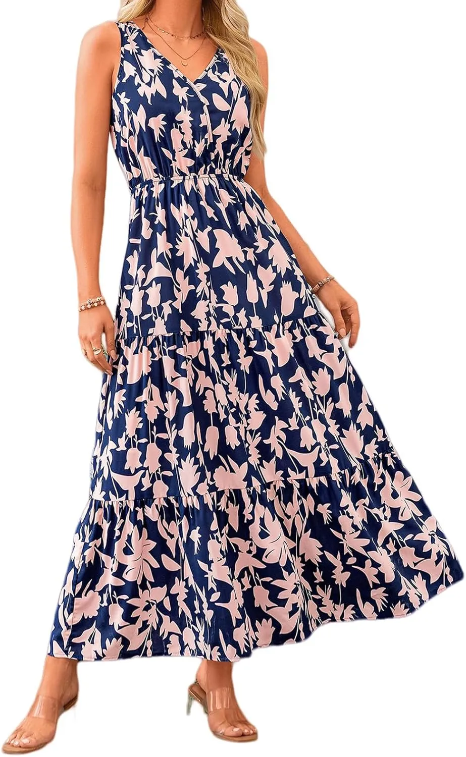 Floral Dress for Women 2025 Sleeveless V Neck Maxi Dresses Tunic A line Flowy Swing Dresses Ruffle Hem Boho Dress