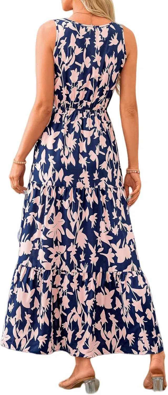 Floral Dress for Women 2025 Sleeveless V Neck Maxi Dresses Tunic A line Flowy Swing Dresses Ruffle Hem Boho Dress