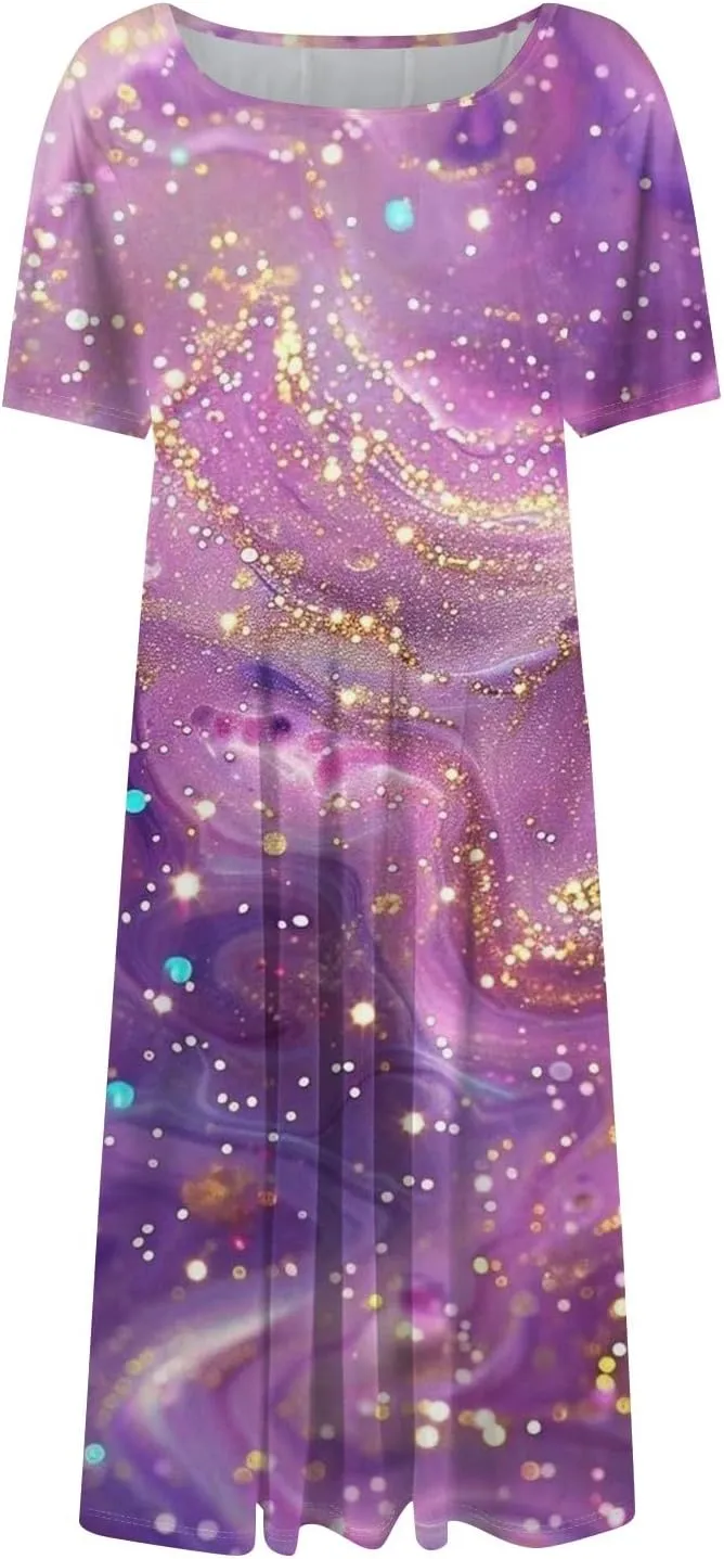Floral Dress for Women Short Sleeve Summer A Line Dresses Smocked Casual Dresses Crew Neck Midi Dress with Pockets