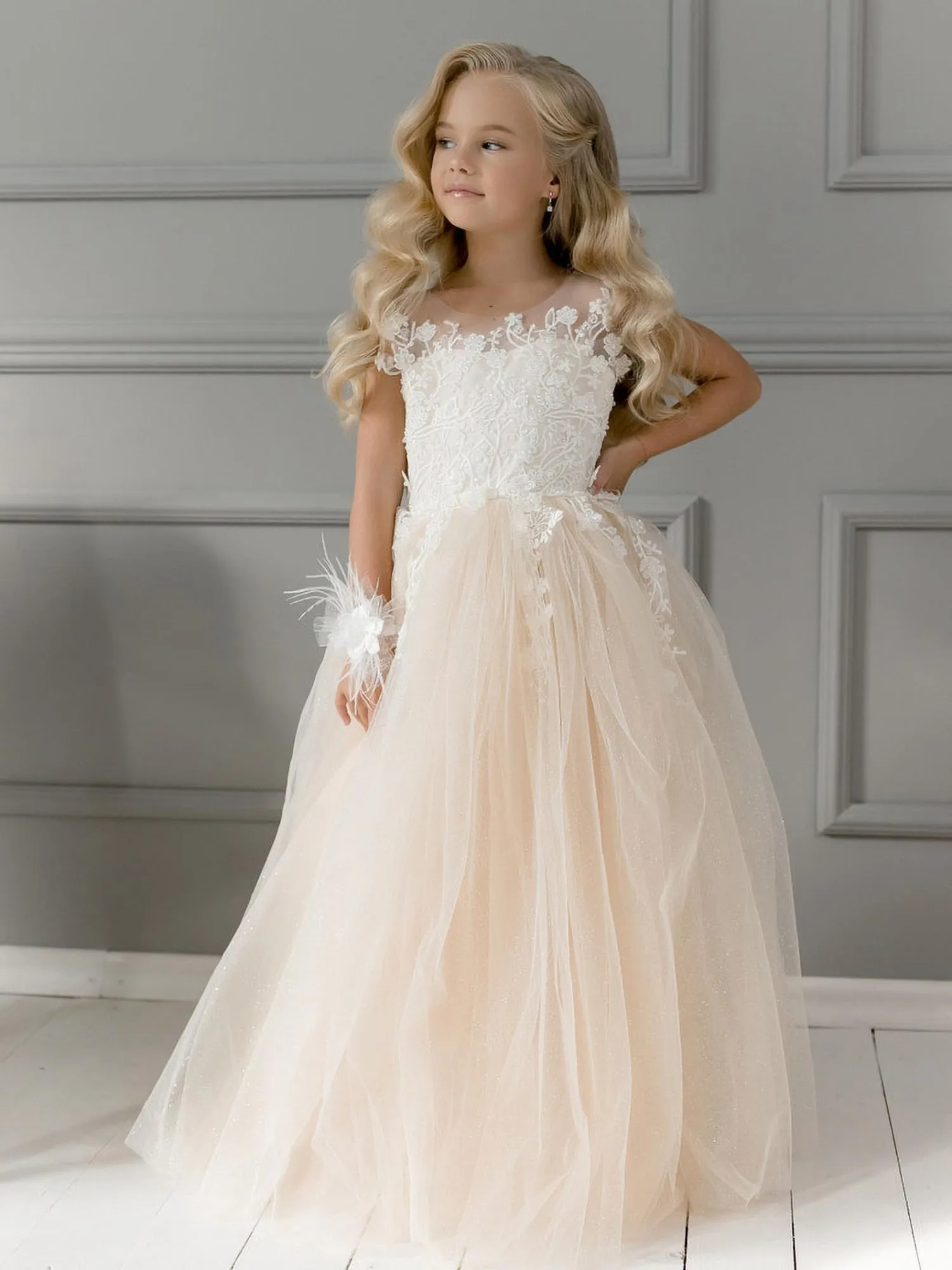 Floral Embroidery Kid Girl Tulle Bridesmaid Dress