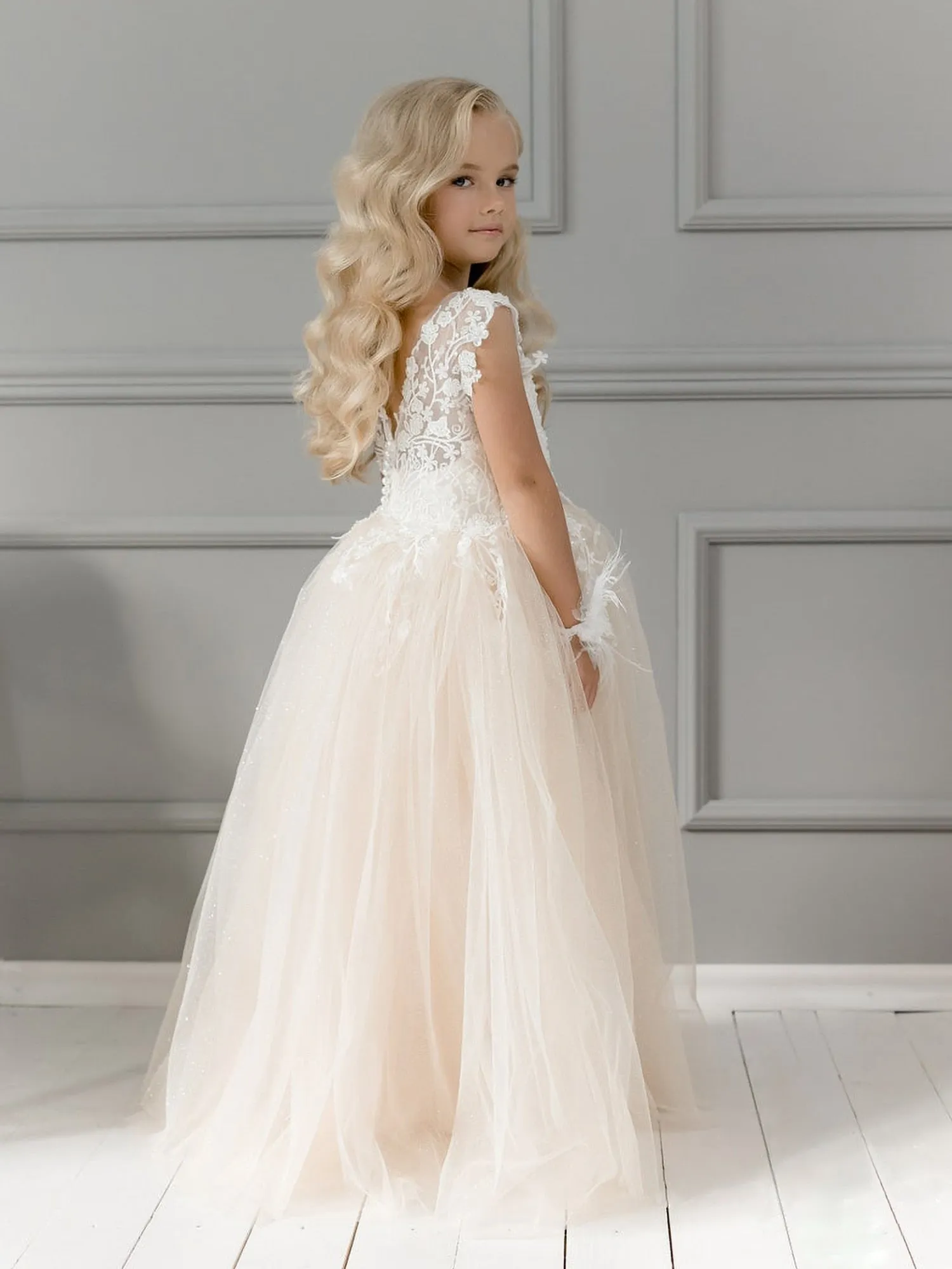 Floral Embroidery Kid Girl Tulle Bridesmaid Dress