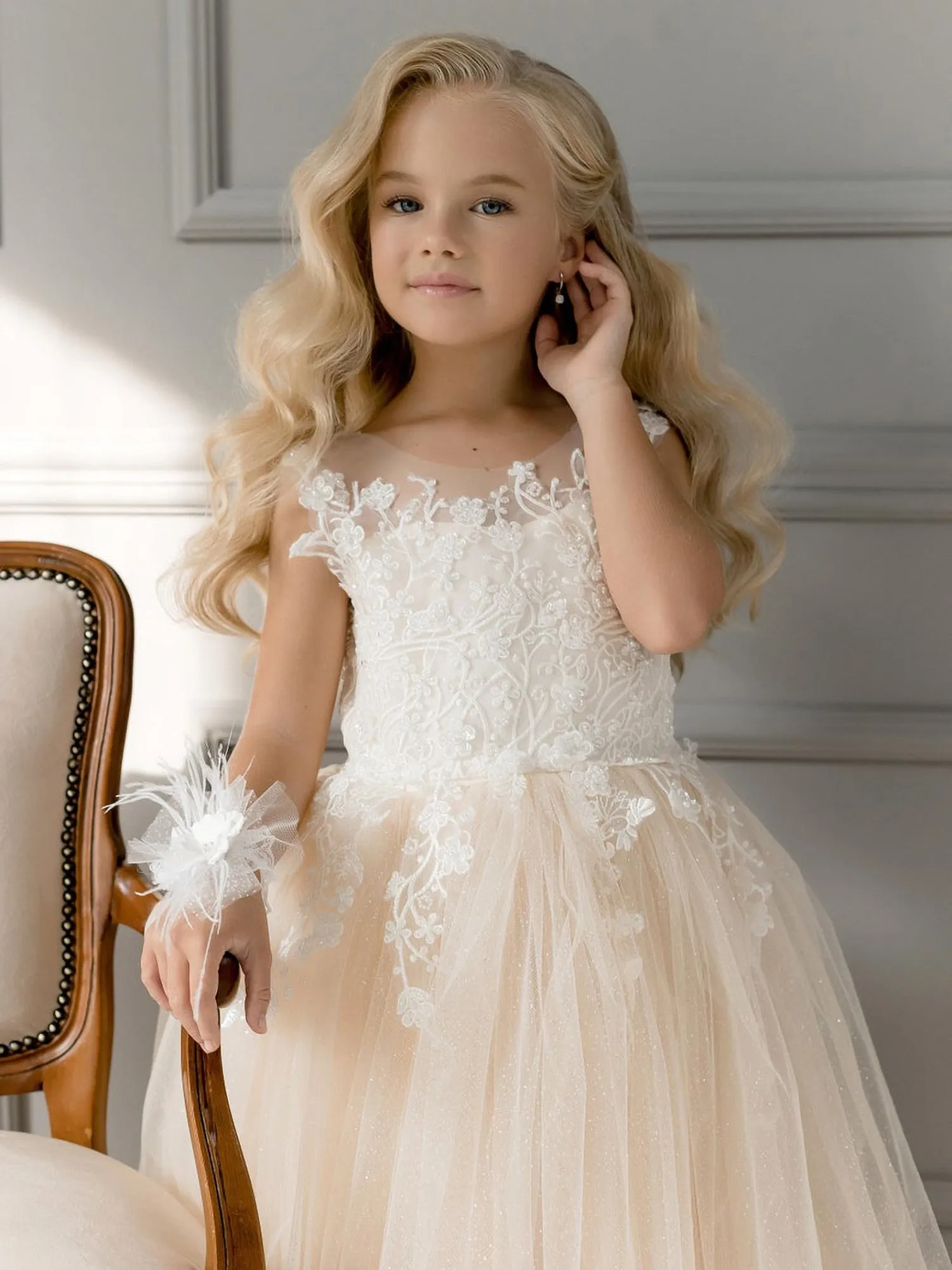 Floral Embroidery Kid Girl Tulle Bridesmaid Dress