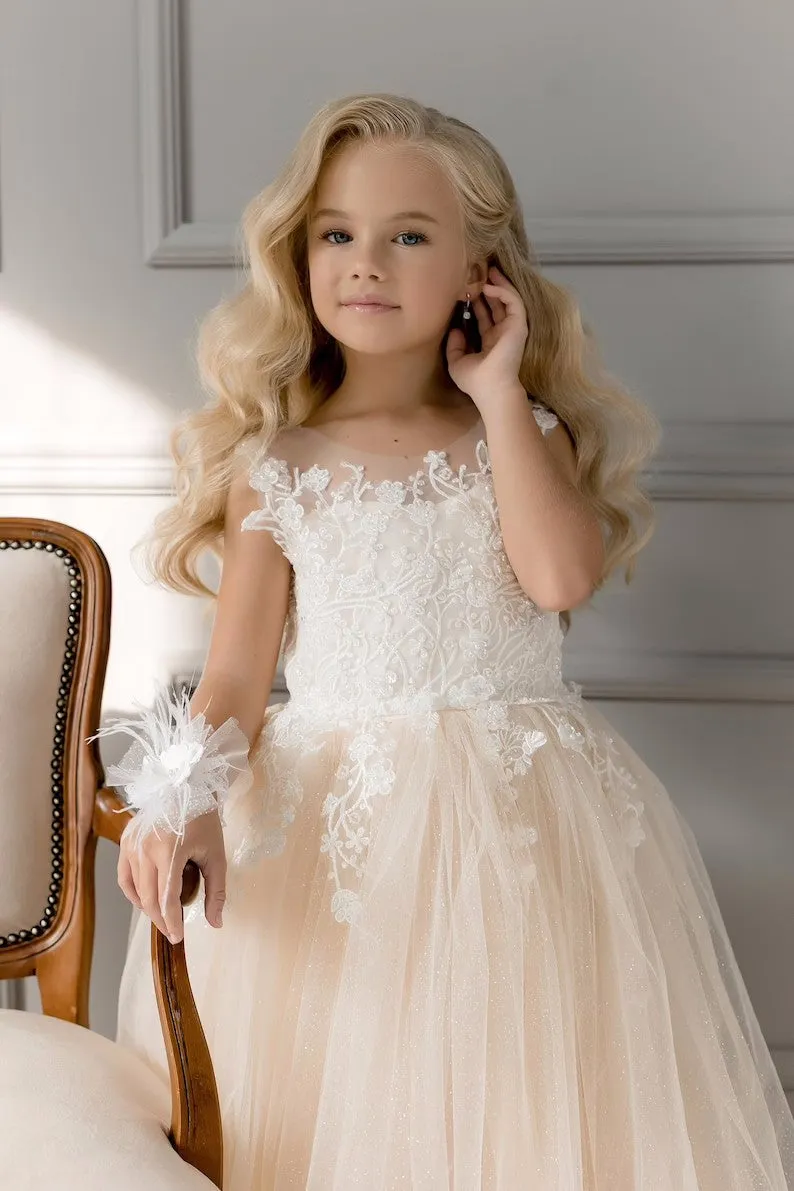 Floral Embroidery Kid Girl Tulle Bridesmaid Dress
