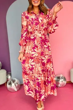 Floral Print Buttoned Smocked Maxi Dress