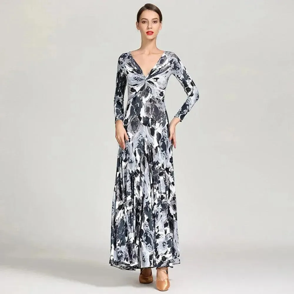 Floral Print Prom Dress Long Sleeve V Neck for Dance, Events, and Special Parties