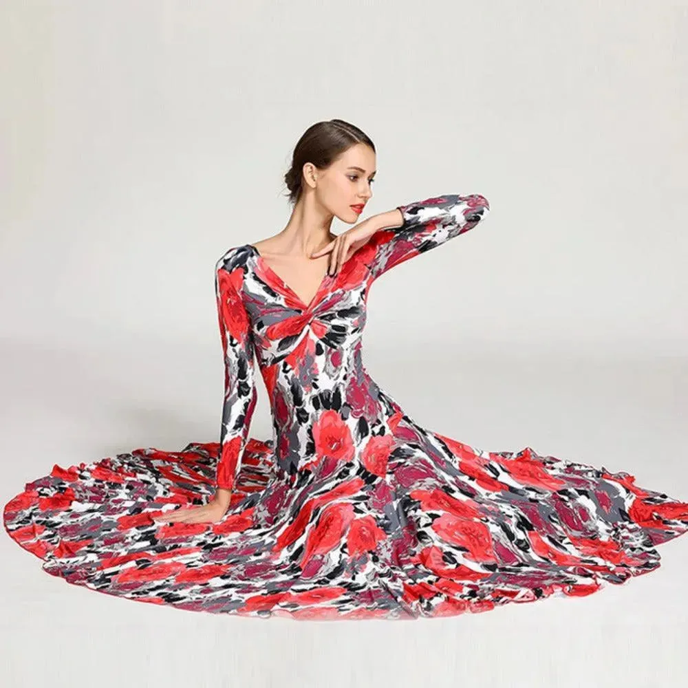 Floral Print Prom Dress Long Sleeve V Neck for Dance, Events, and Special Parties