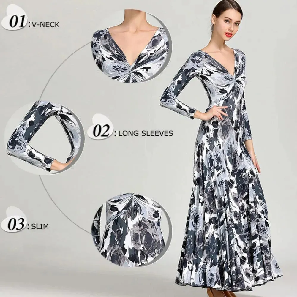 Floral Print Prom Dress Long Sleeve V Neck for Dance, Events, and Special Parties