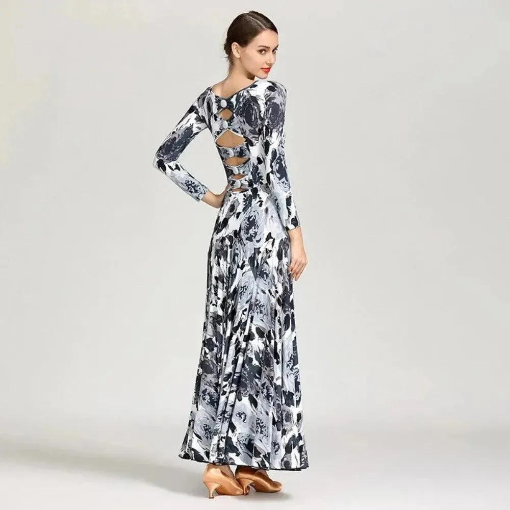 Floral Print Prom Dress Long Sleeve V Neck for Dance, Events, and Special Parties