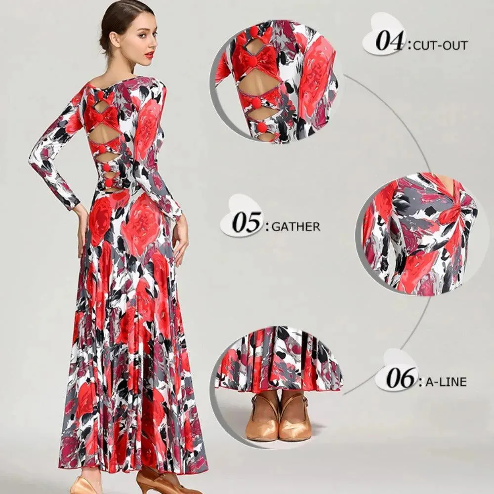 Floral Print Prom Dress Long Sleeve V Neck for Dance, Events, and Special Parties