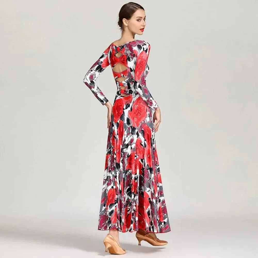 Floral Print Prom Dress Long Sleeve V Neck for Dance, Events, and Special Parties