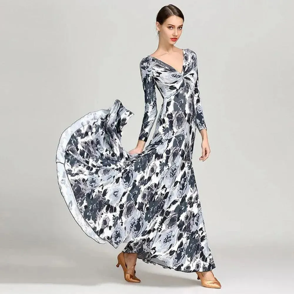 Floral Print Prom Dress Long Sleeve V Neck for Dance, Events, and Special Parties