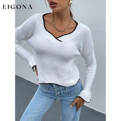 Flounce Sleeve V-Neck Sweater