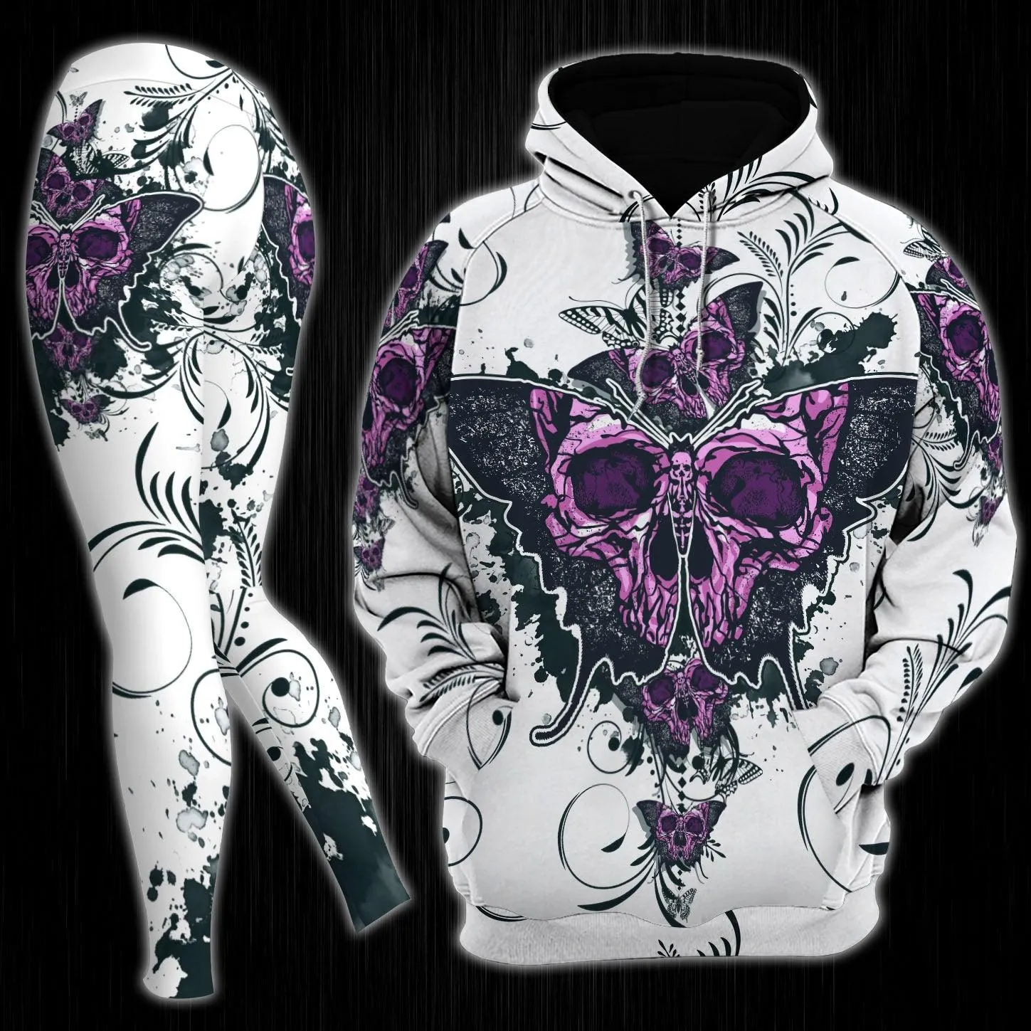 Flower Butterfly Skull Gothic Artwork Combo Hoodie and Leggings