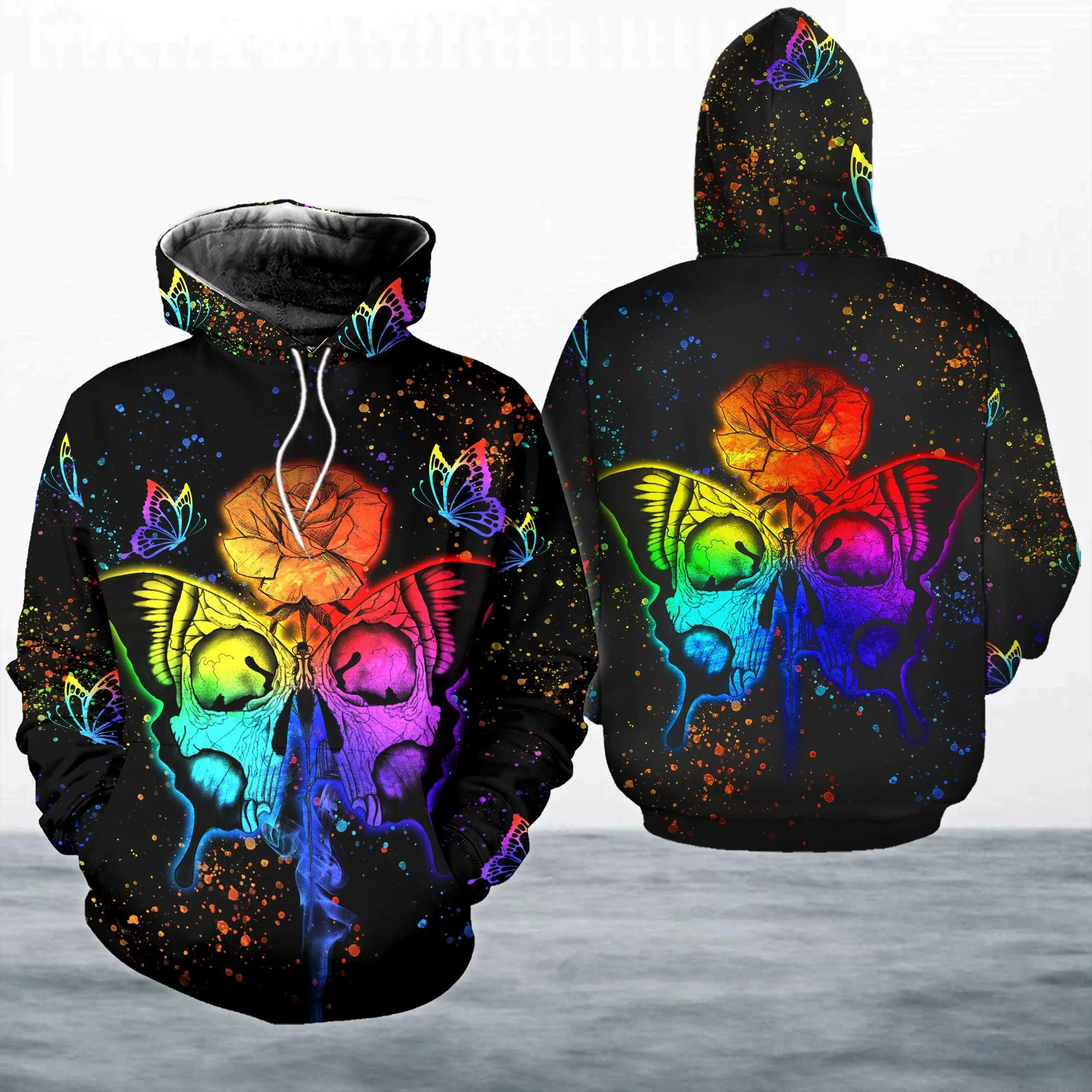 Flower Colorful Butterfly Skull Gothic Artwork Combo Hoodie and Leggings