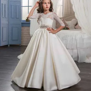 Flower Girl Dress Sheer Neck Satin Holy Communion Ball Gowns Elegant