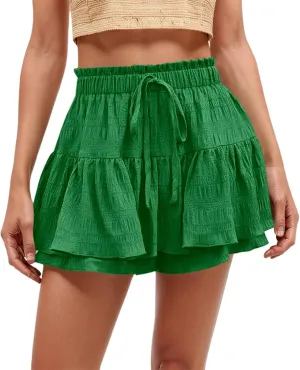 Flowy Summer Shorts for Women Lace Layered High Waist Elastic Mini Skirts Ruffle Hem Pleated Casual Swing Beach Skorts