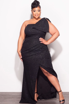 MachineWashableFabric Final Sale Plus Size Glitter One Shoulder Gown with Bow in Black