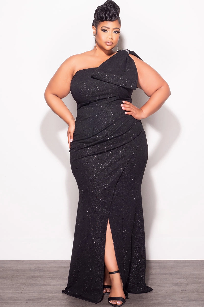 Final Sale Plus Size Glitter One Shoulder Gown with Bow in Black simple design Work Flex