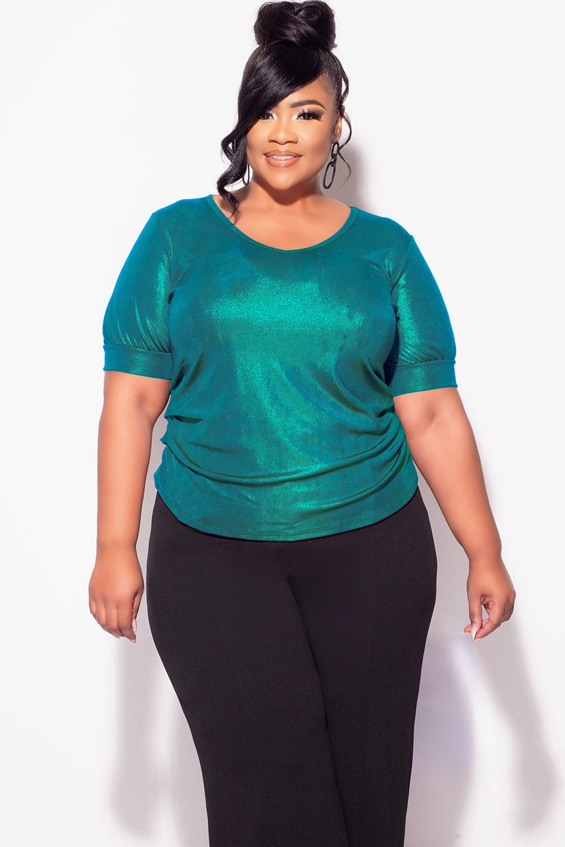 Final Sale Plus Size Blouse in Metallic Hunter Green WideNeckline DoubleStitched Hemming