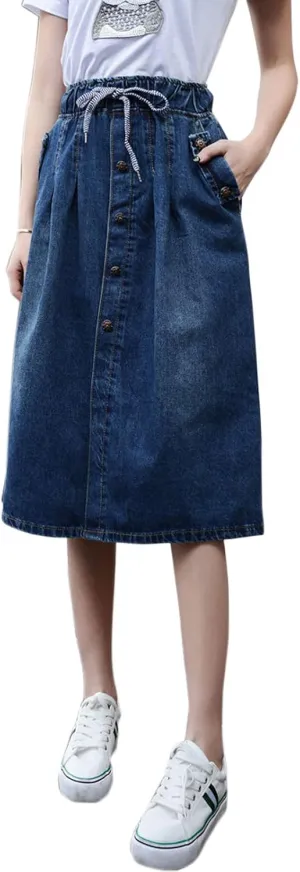Flygo Women's High Elastic Waist Button Front A-Line Pleated Midi Denim Skirts