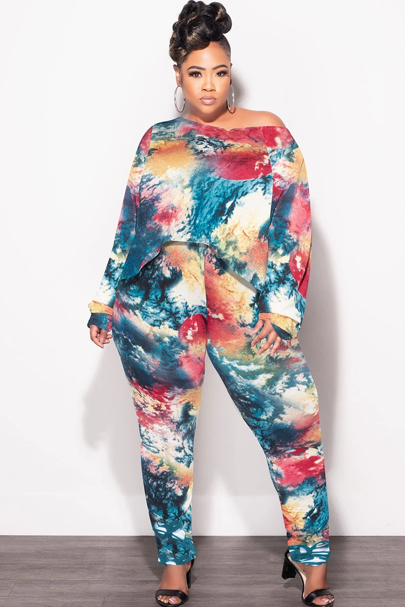 Final Sale Plus Size 2 pc Set Top & Pants in Dark Multi-Colors Stretchable Comfort