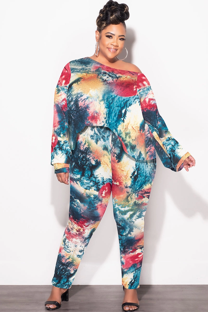 Final Sale Plus Size 2 pc Set Top & Pants in Dark Multi-Colors All Season Versatility