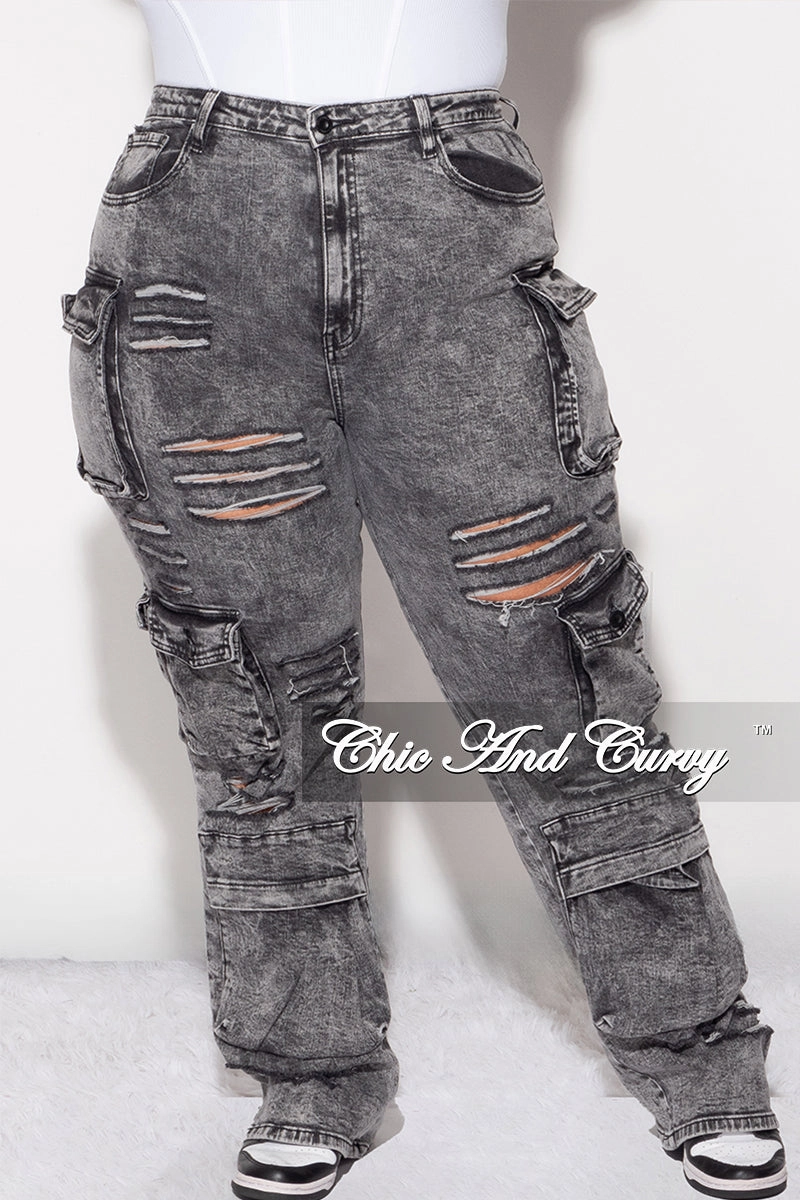 Comfort Fit Thermal Insulation Layer Final Sale Plus Size Cargo Distressed Pants in Black Wash Denim