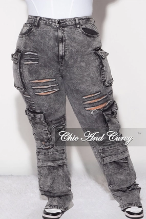 Comfort Fit Thermal Insulation Layer Final Sale Plus Size Cargo Distressed Pants in Black Wash Denim